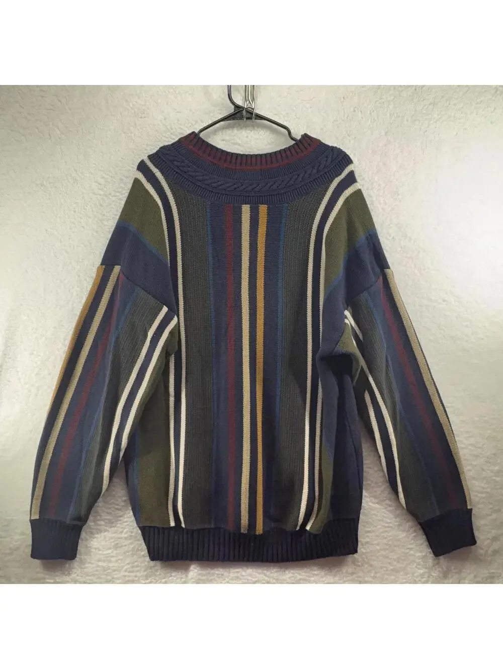 Vintage Cricket Cable Knit Sweater Mens XL Hand Framed Stripe 90s Preppy V Neck